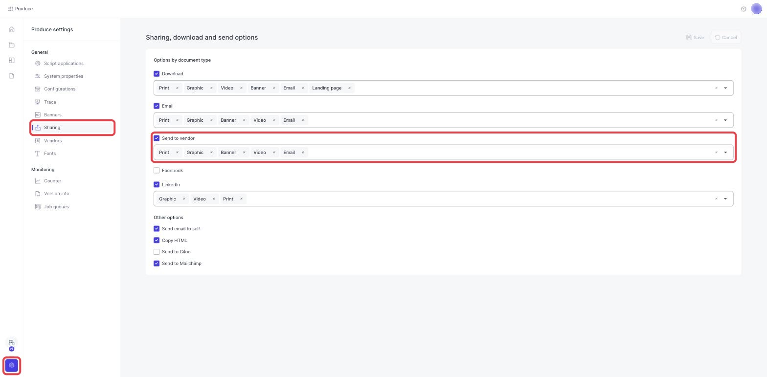 The Sharing page in Produce settings with Send to vendor ticked