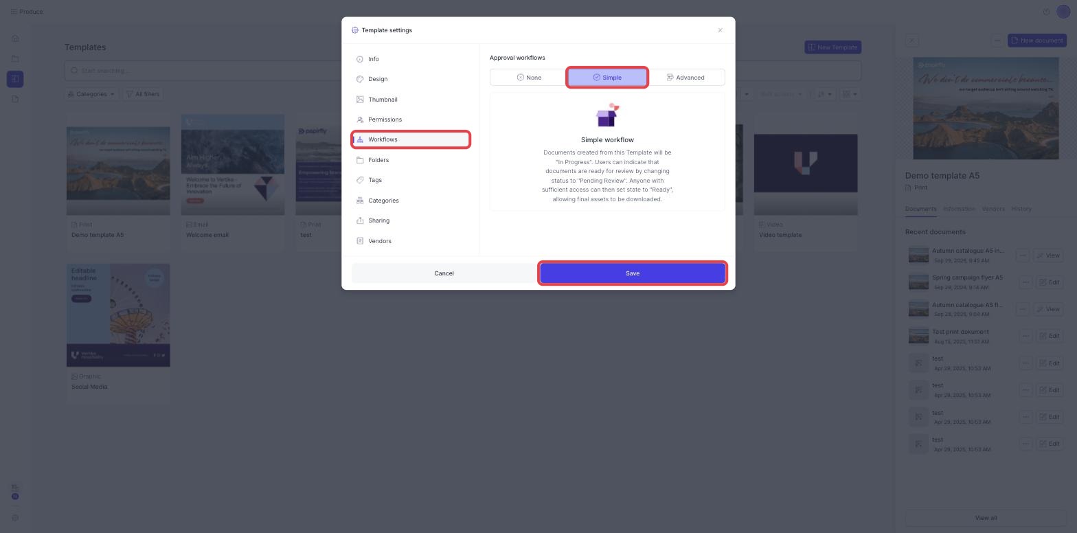 Template settings with the Workflows tab open and Simple selected