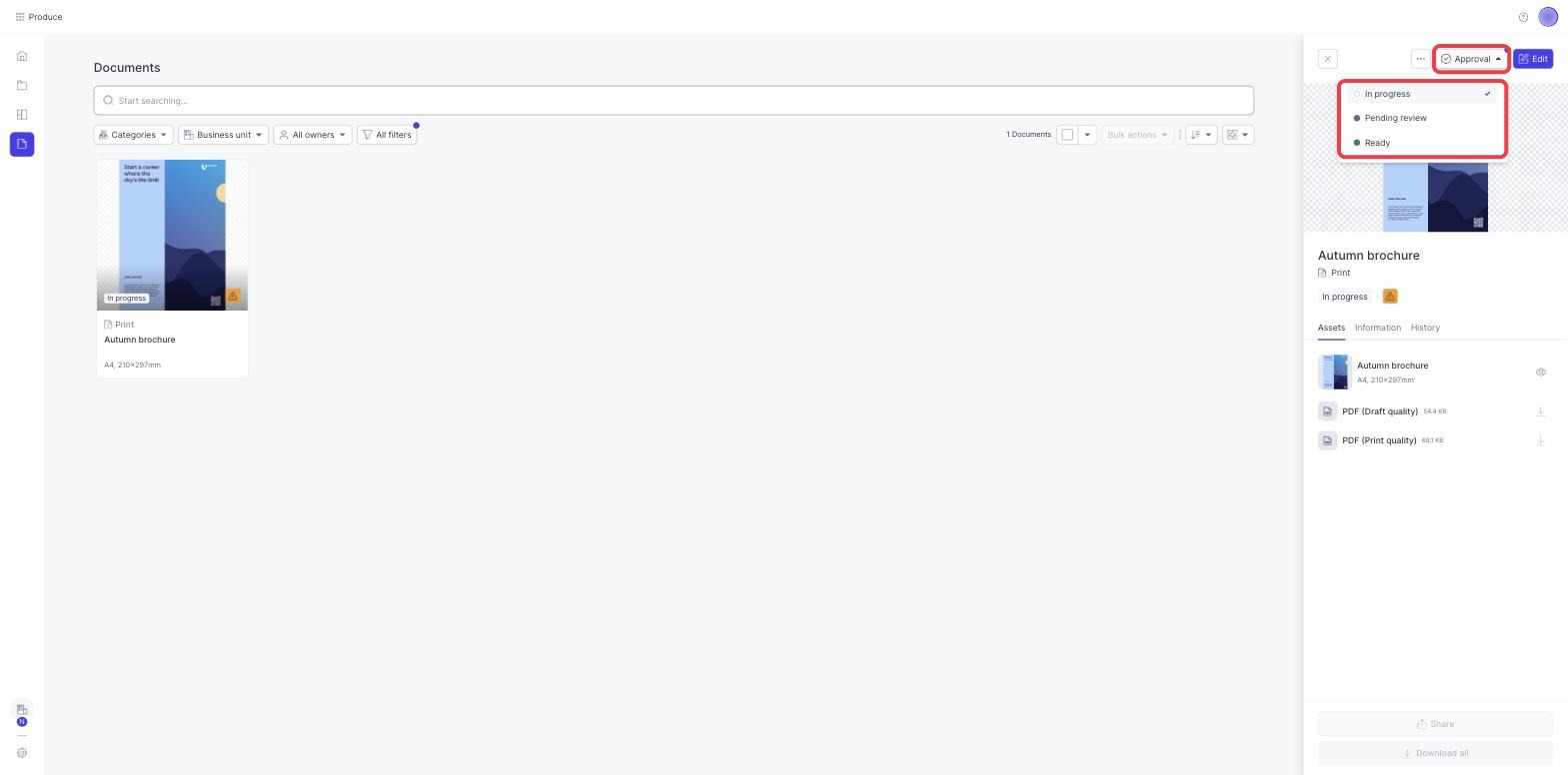 The Approval menu on a document, listing In progress, Pending review and Ready
