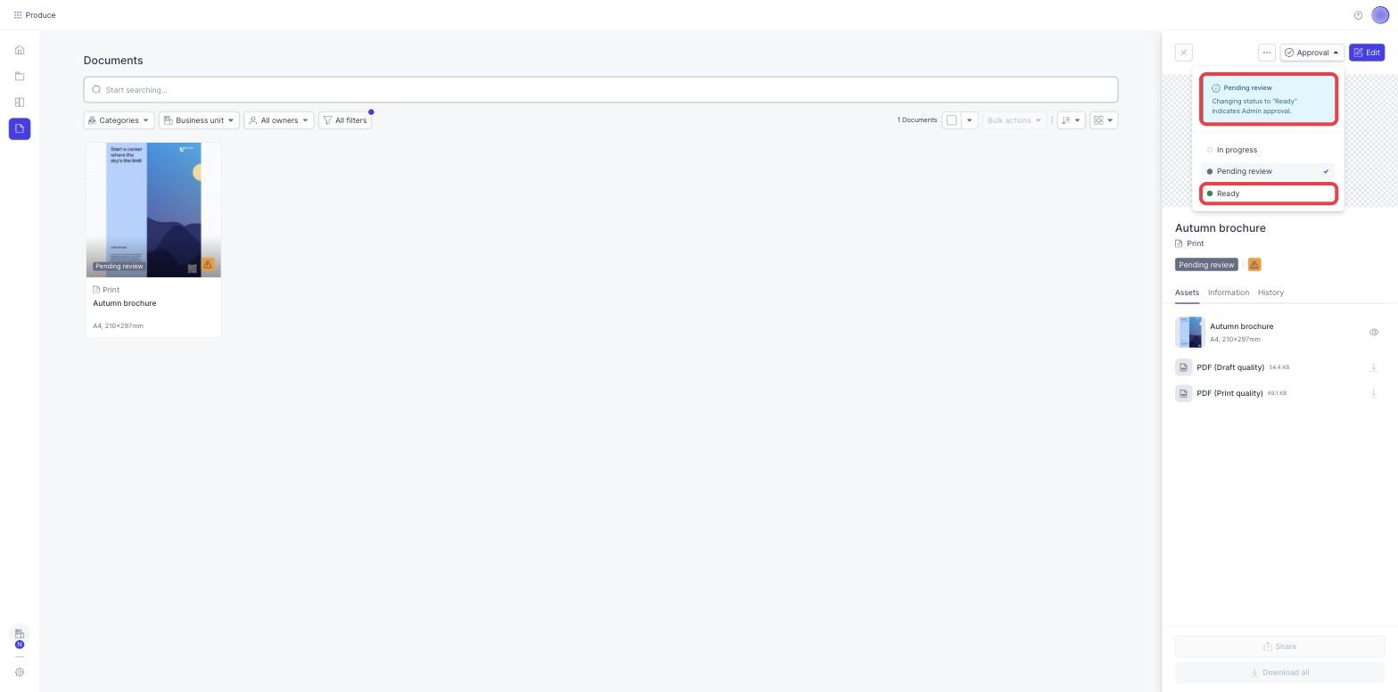 The Approval menu on a document that is Pending review, with the note about Admin approval and the Ready option