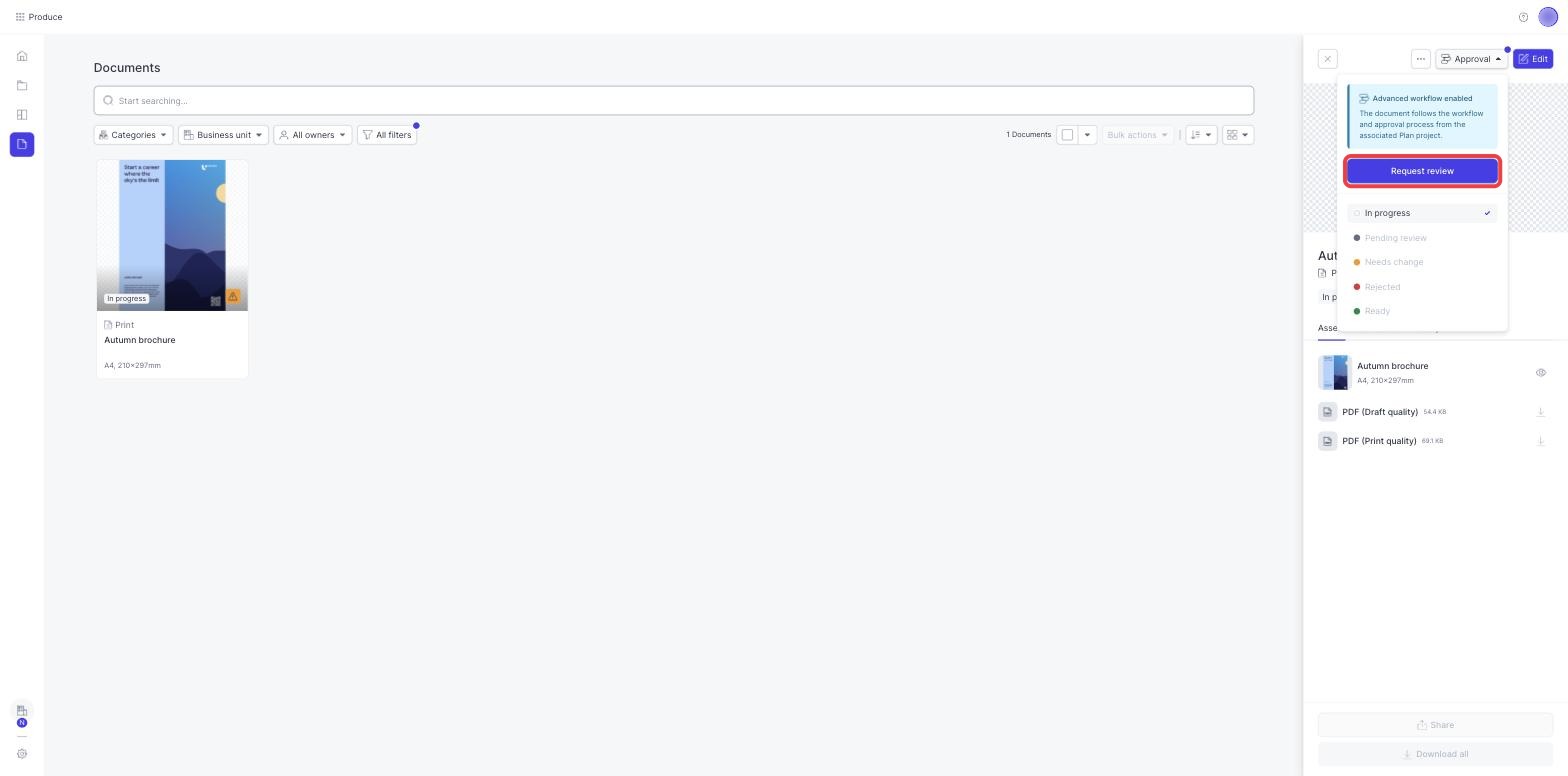 The Approval menu on a document with the Request review button