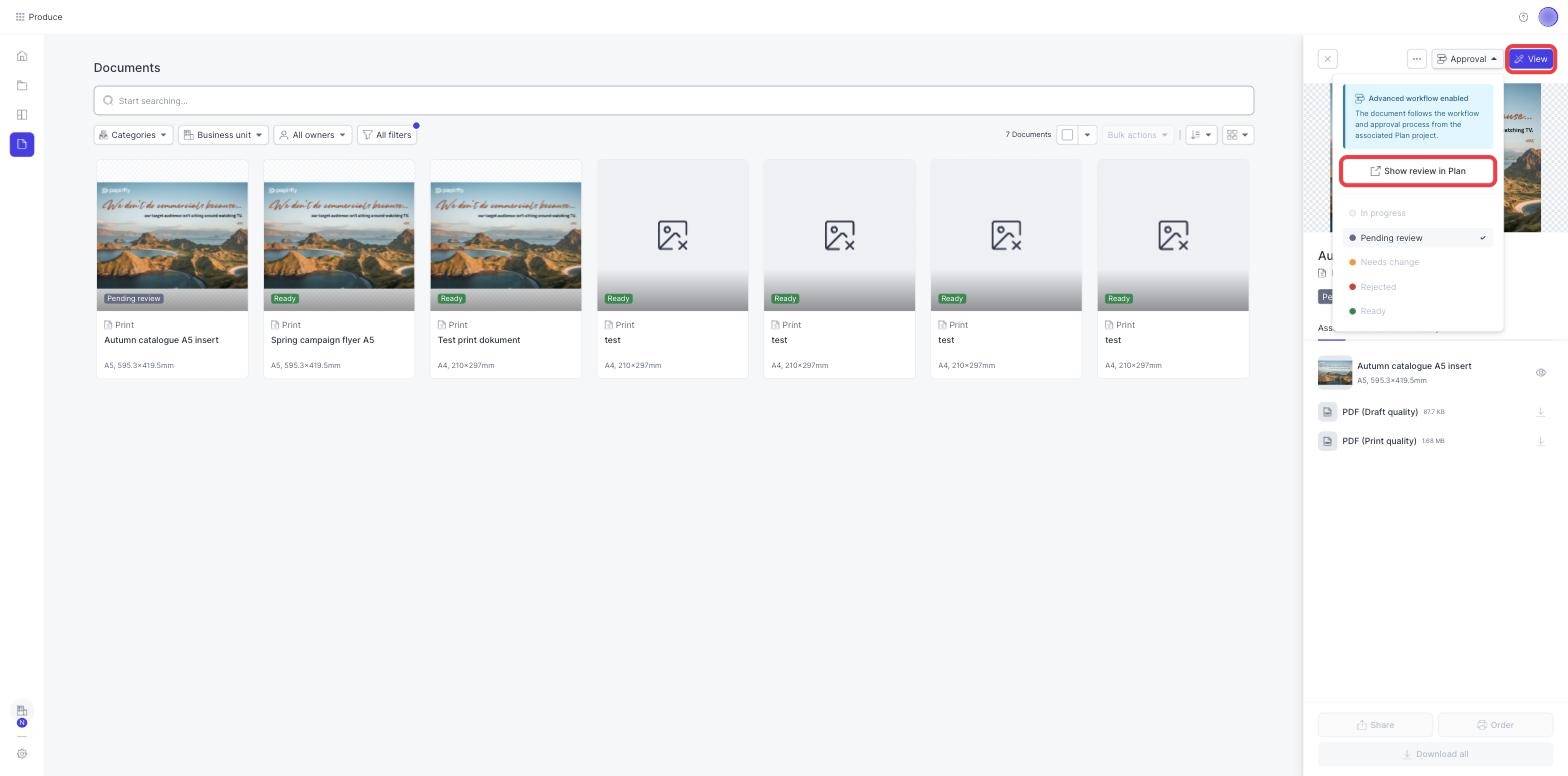 The Approval menu on a document in review, with the Show review in Plan button and the View button