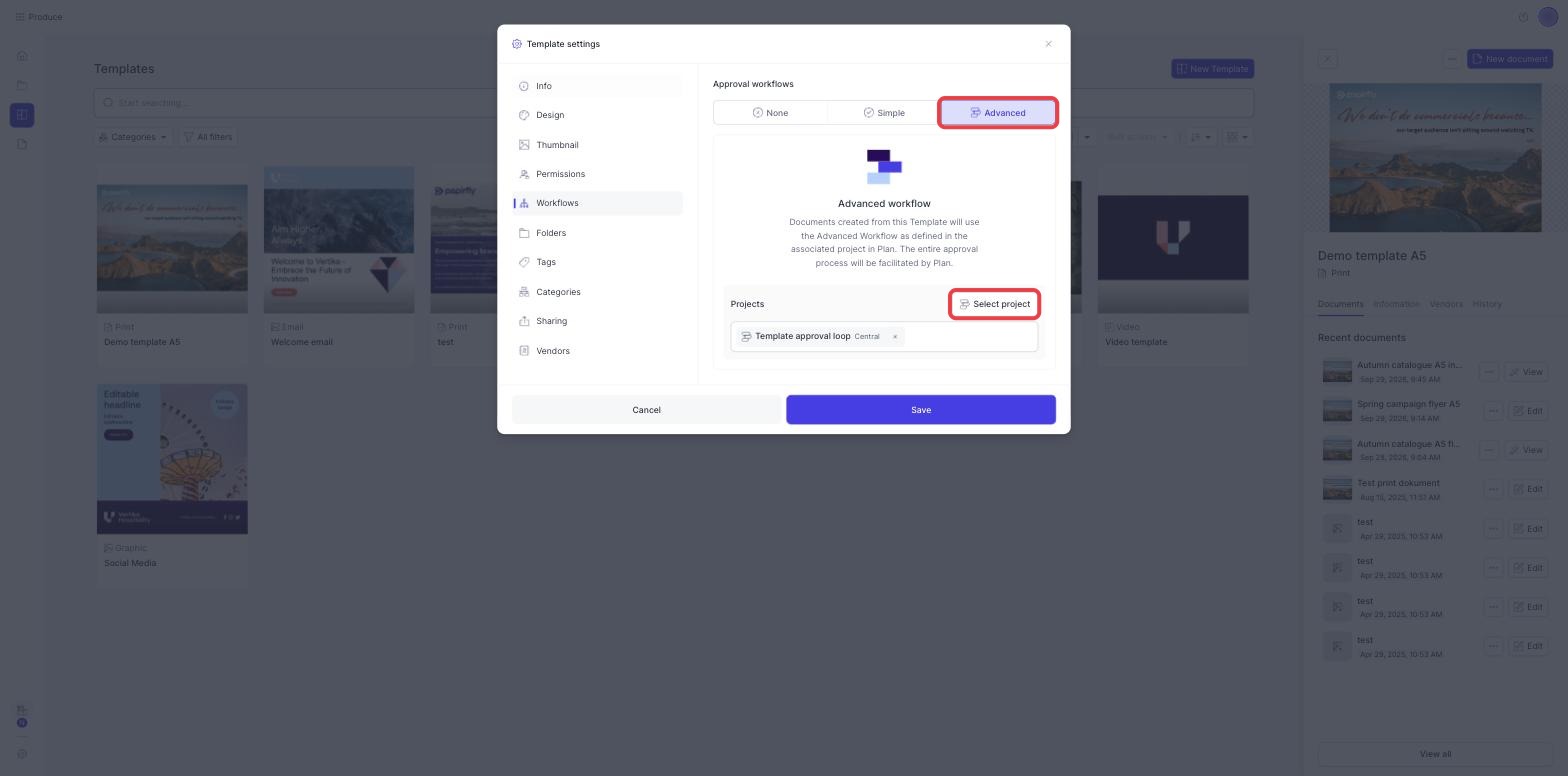 Template settings with the Workflows tab open, Advanced selected and the Select project button