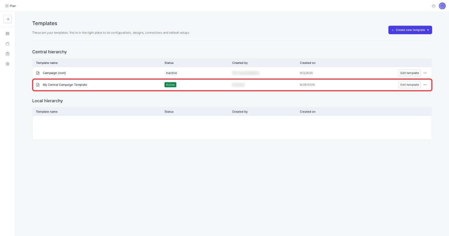 The Templates page with one active template marked in the Central hierarchy table