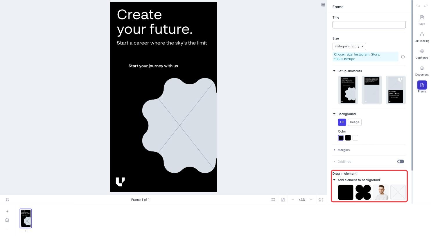 Produce editor for a Flexible stencil with the Drag in element section in the Frame panel