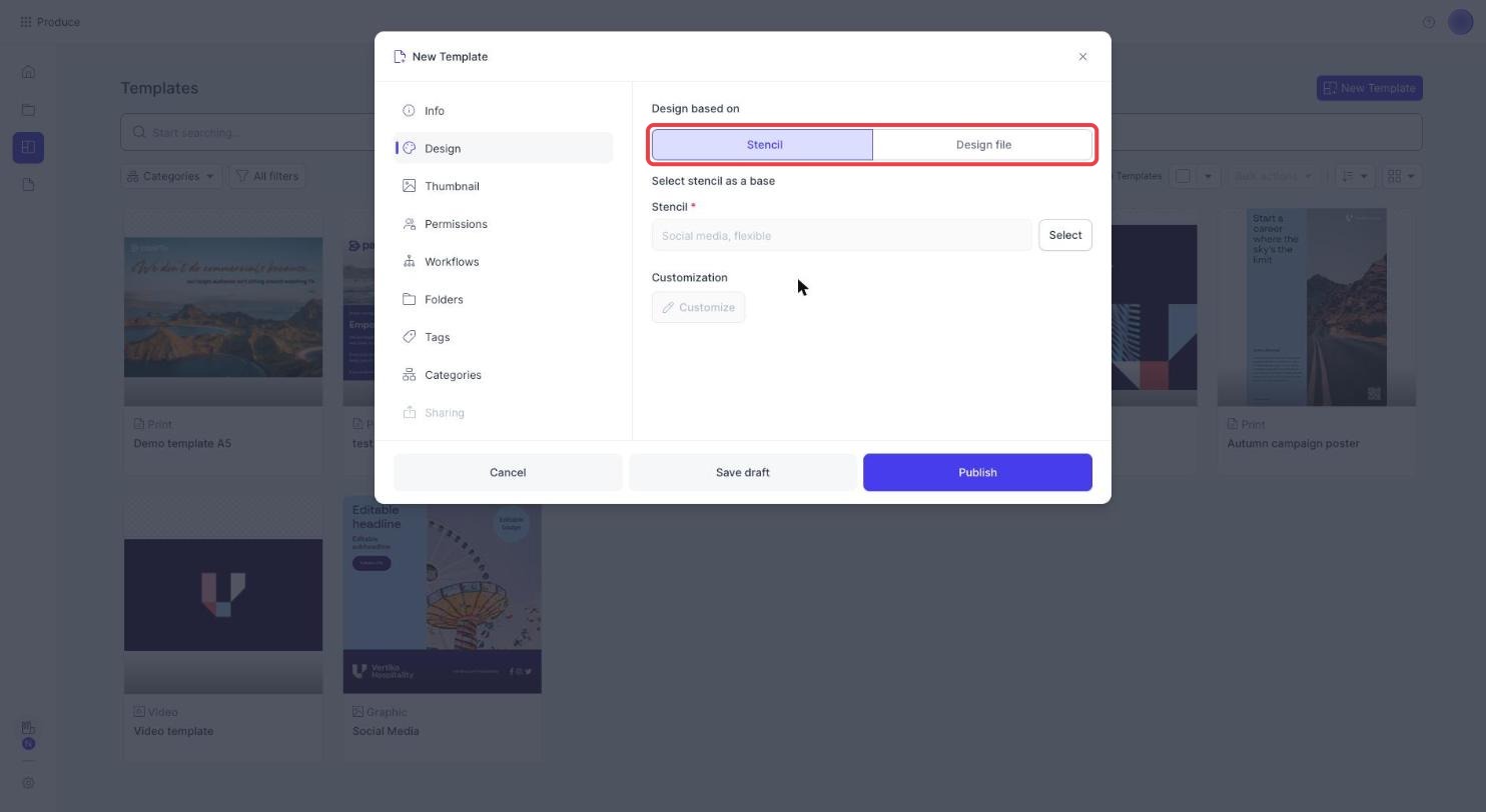 New Template window in Produce with the choice between Stencil and Design file