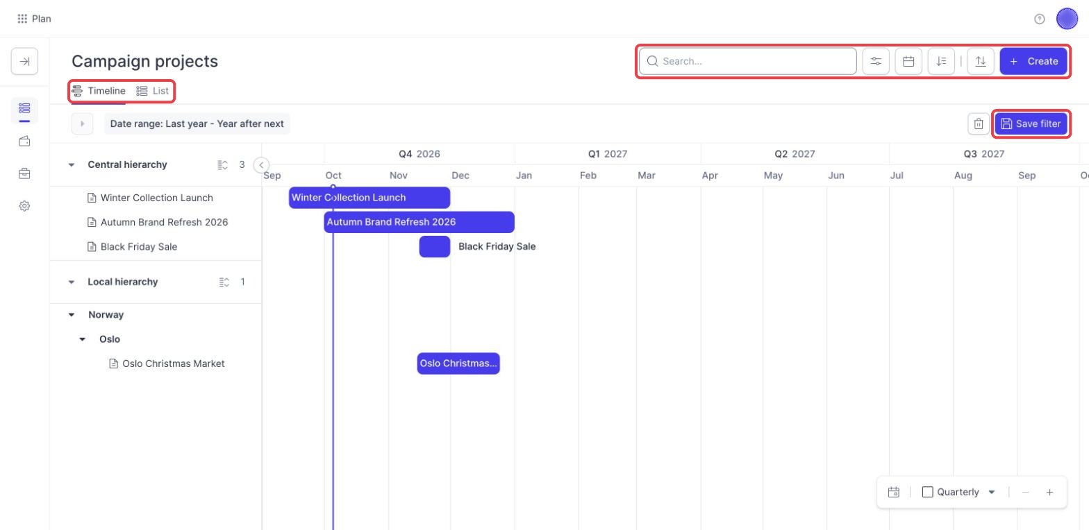 Campaign Planner toolbar with Search, Filters, Display range, Sort by, Import / Export and Create, plus the Timeline and List tabs and Save filter