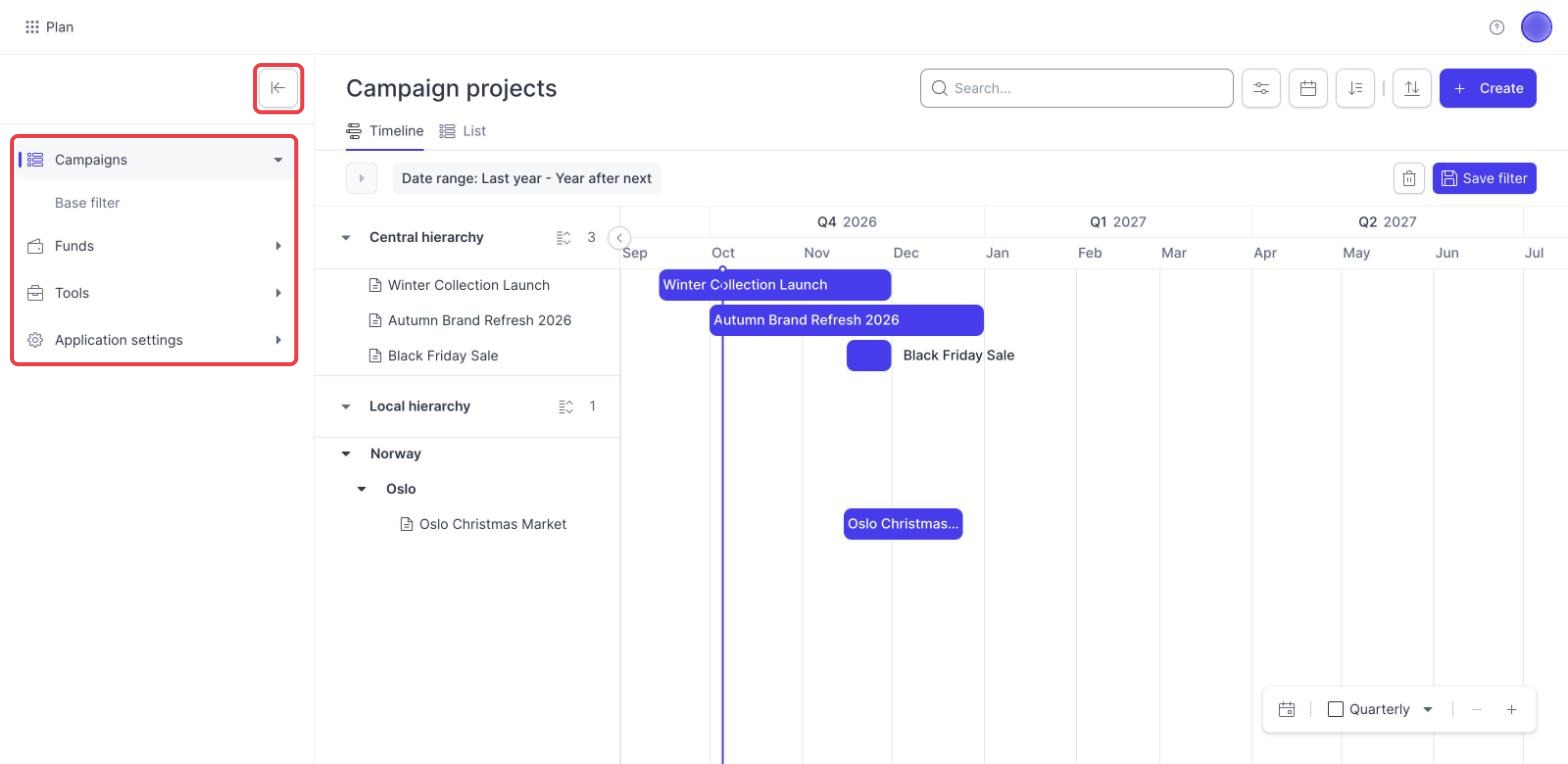 Campaign Planner left menu open, showing Campaigns, Funds, Tools and Application settings