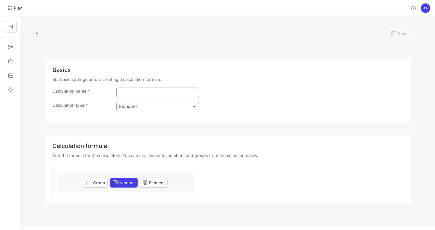 New calculation form in Plan Campaigns with Basics (Calculation name, Calculation type) and Calculation formula with Group, Number and Element buttons