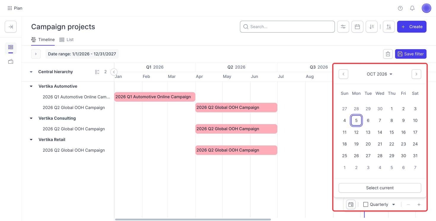 Campaign timeline with the Date picker calendar open and the Select current button