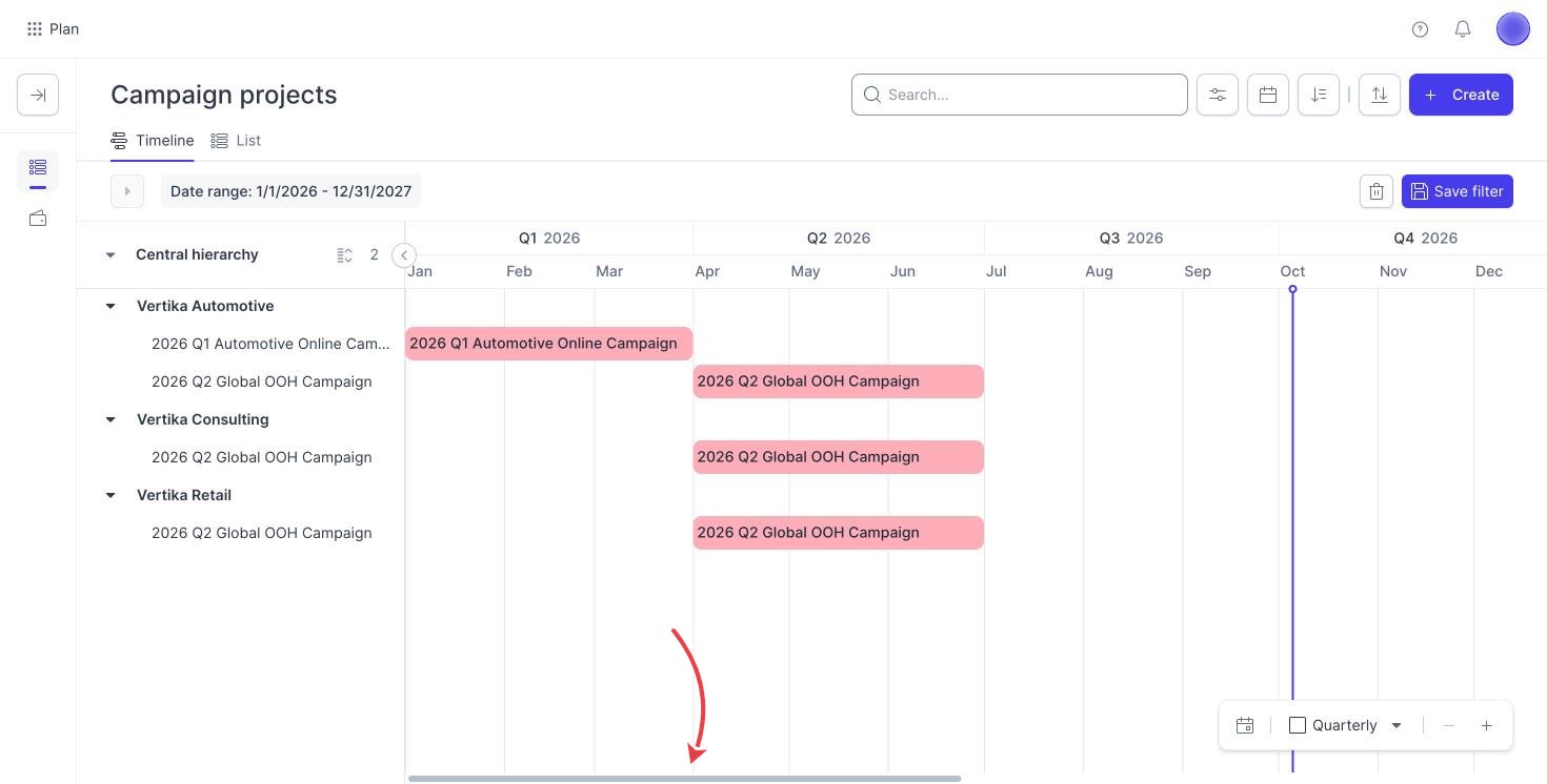 Campaign timeline with an arrow pointing to the horizontal scroll bar at the bottom of the campaign planning timeline