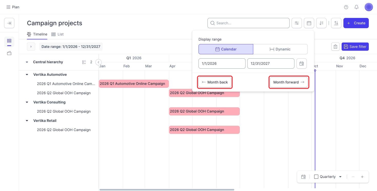 Campaign Planner Display range panel with the Month back and Month forward buttons highlighted