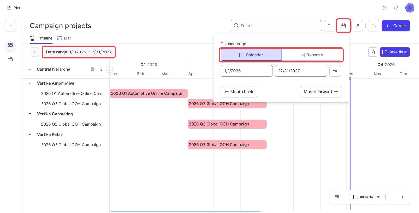 Campaign Planner Display range panel open from the calendar icon, with the Calendar and Dynamic options and the Date range tag highlighted
