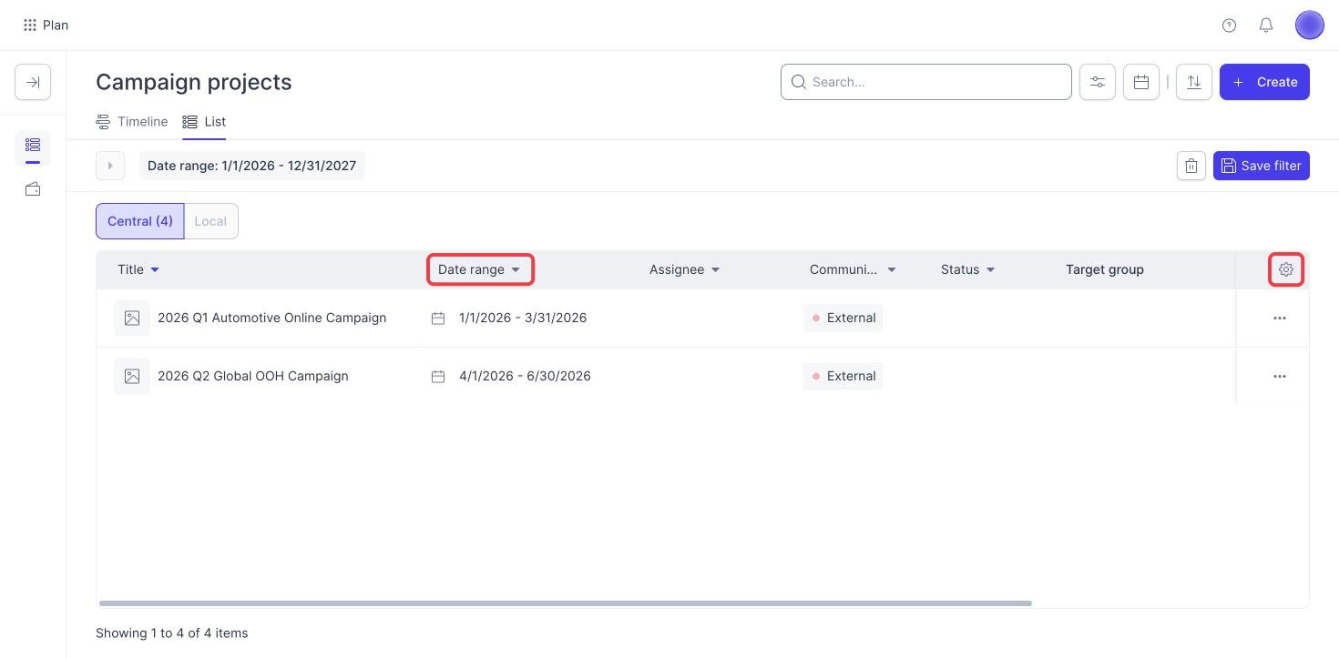 Campaign Planner list view with the Date range column heading and the cogwheel for table settings highlighted