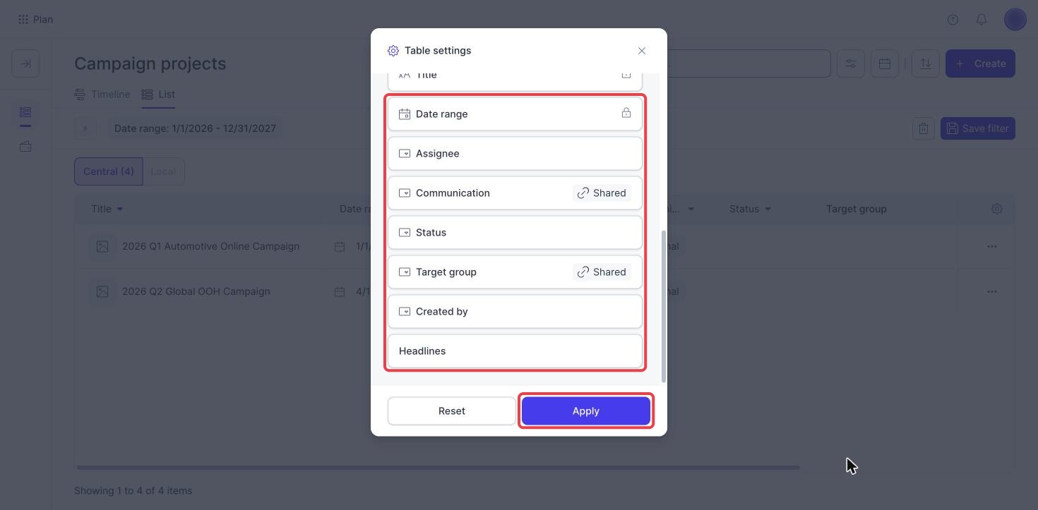 Campaign Planner Table settings with the list of columns to drag into order and the Apply button highlighted