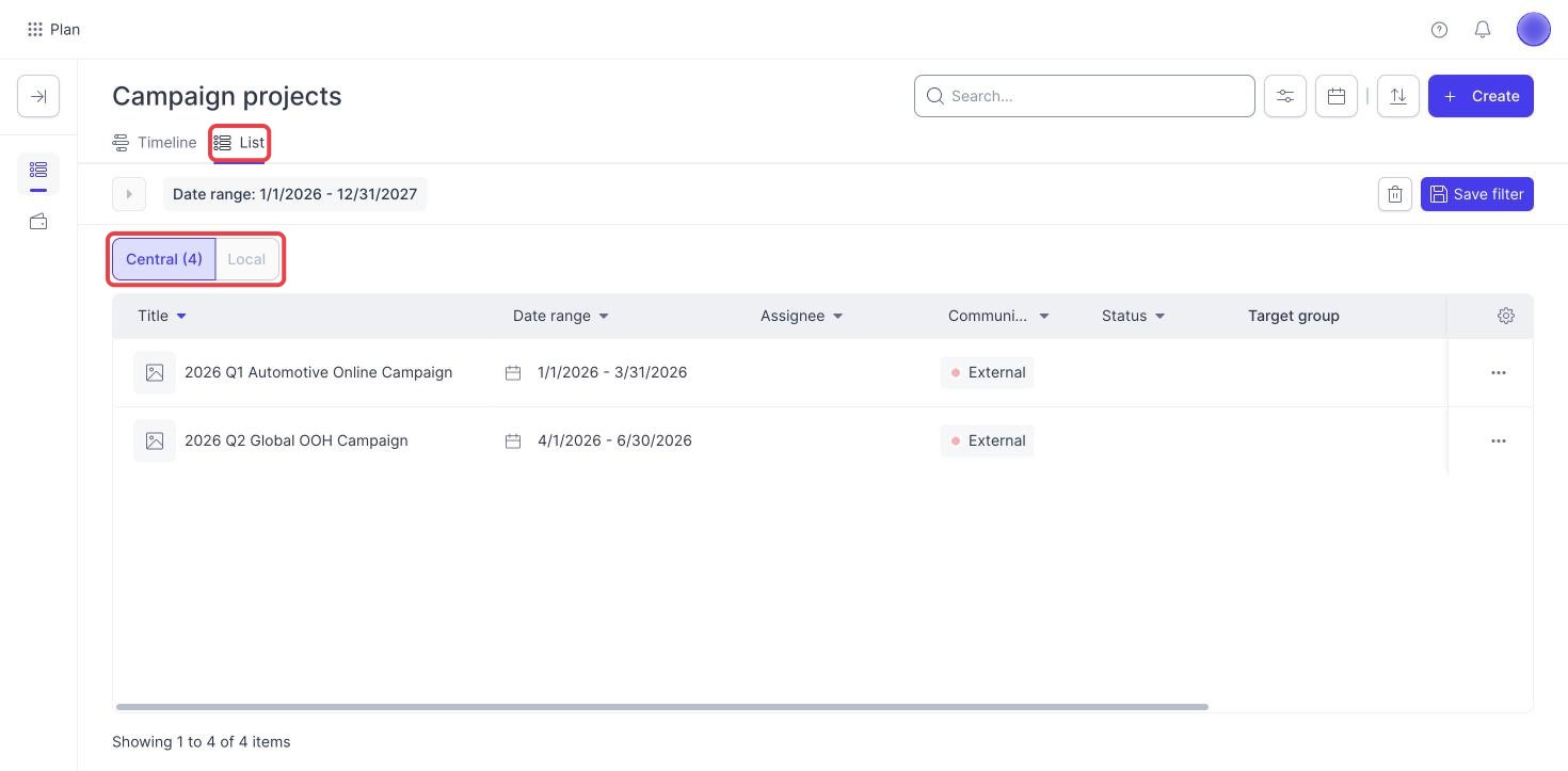 Campaign Planner list view with the List tab and the Central and Local tabs highlighted