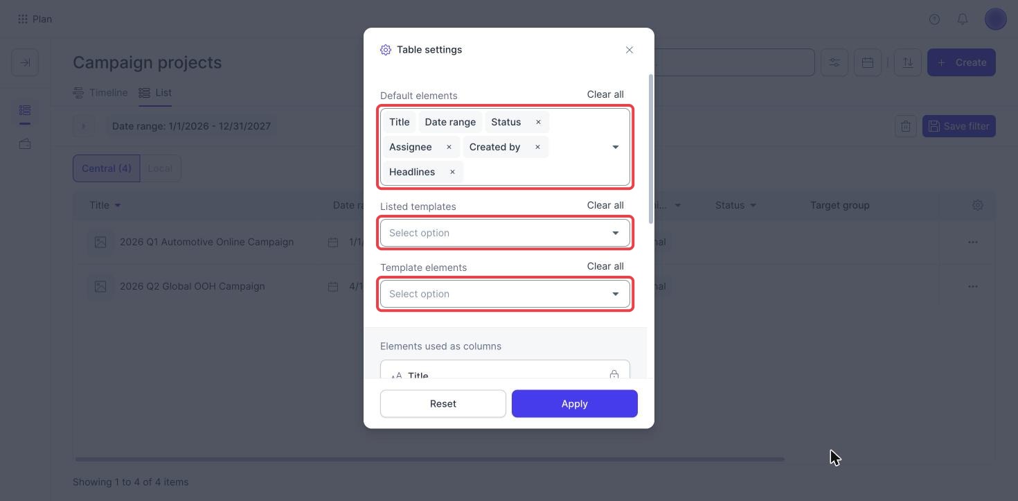 Campaign Planner Table settings with the Default elements, Listed templates and Template elements fields highlighted