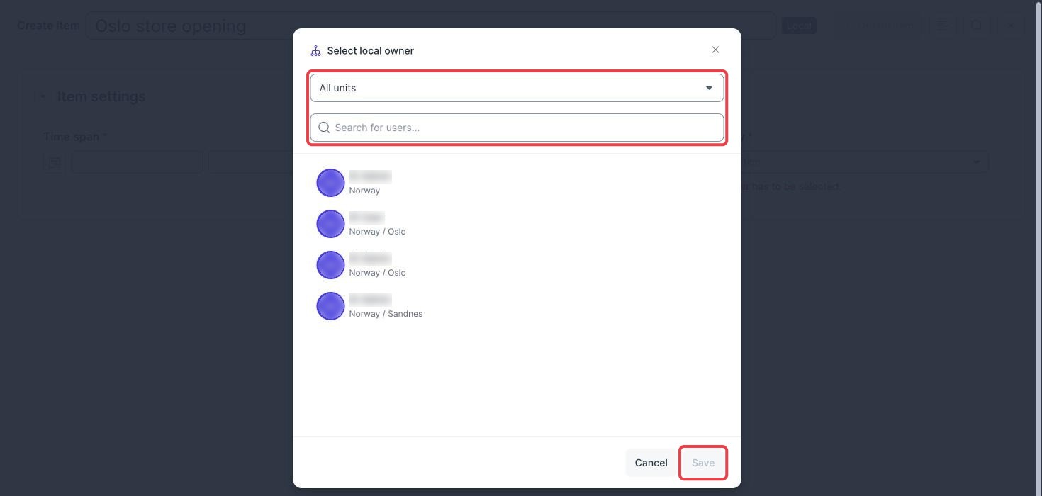Campaign Planner Select local owner window for a local campaign with the unit list, user search and Save highlighted