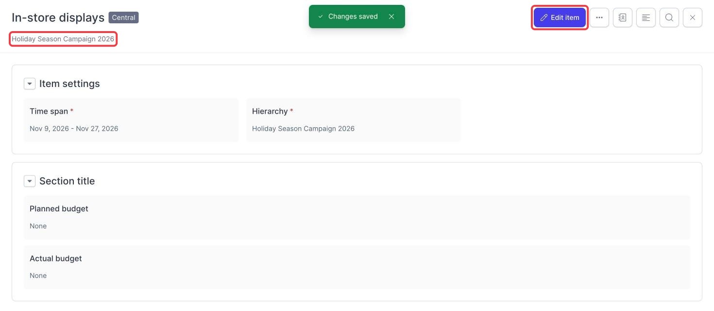 Campaign Planner campaign details in view mode with Edit item and the parent campaign highlighted