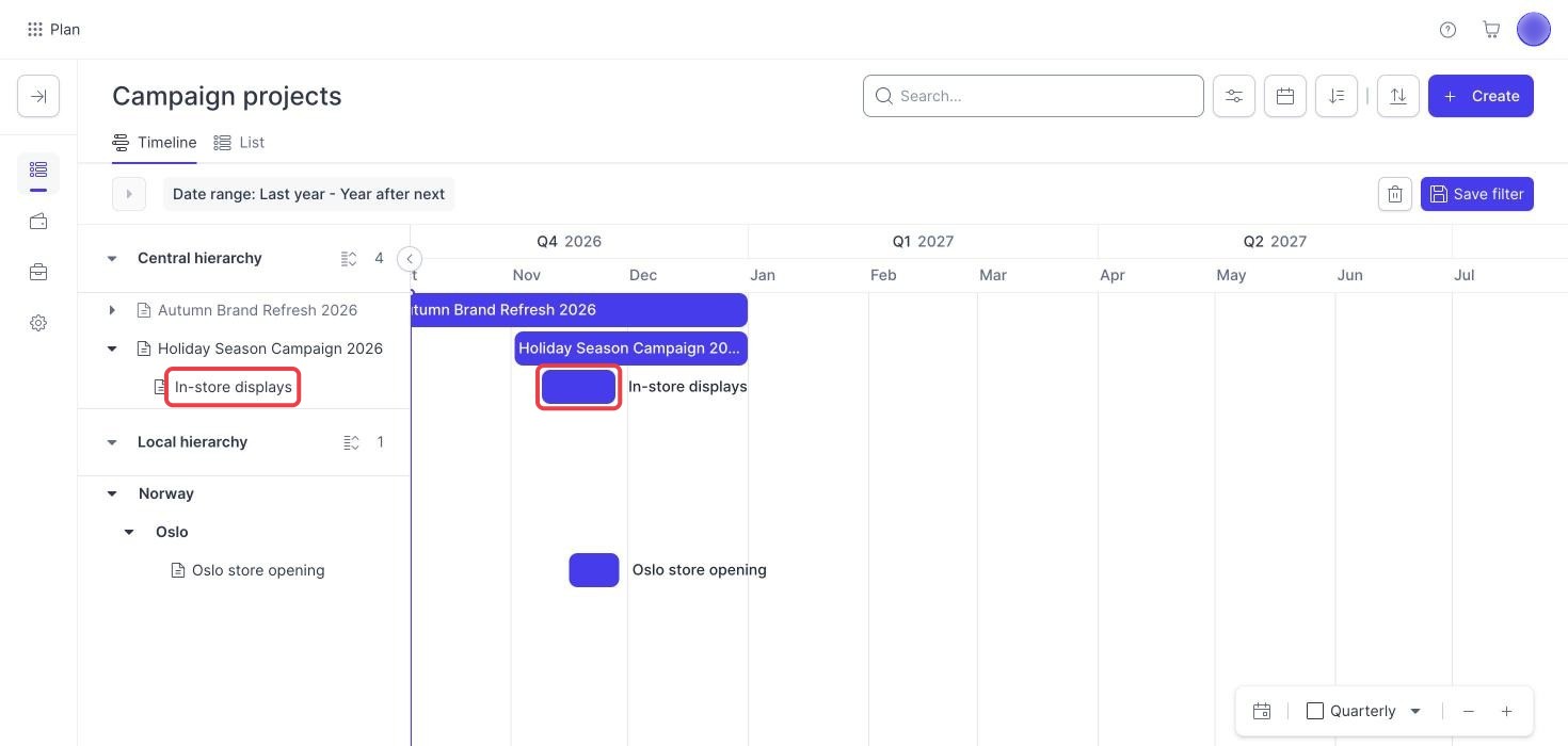 Campaign Planner timeline with a campaign name and its bar highlighted to open the campaign details