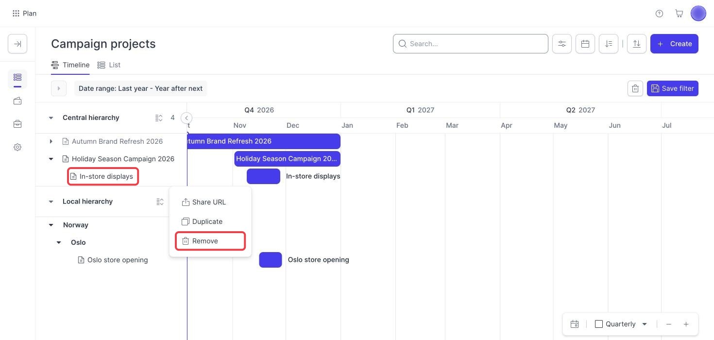 Campaign Planner timeline list with a campaign and Remove highlighted to delete a campaign