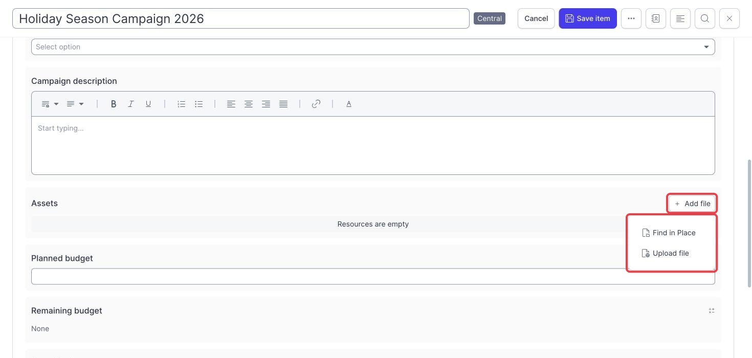 Campaign Planner campaign assets Add file menu with Find in Place and Upload file highlighted for uploading assets