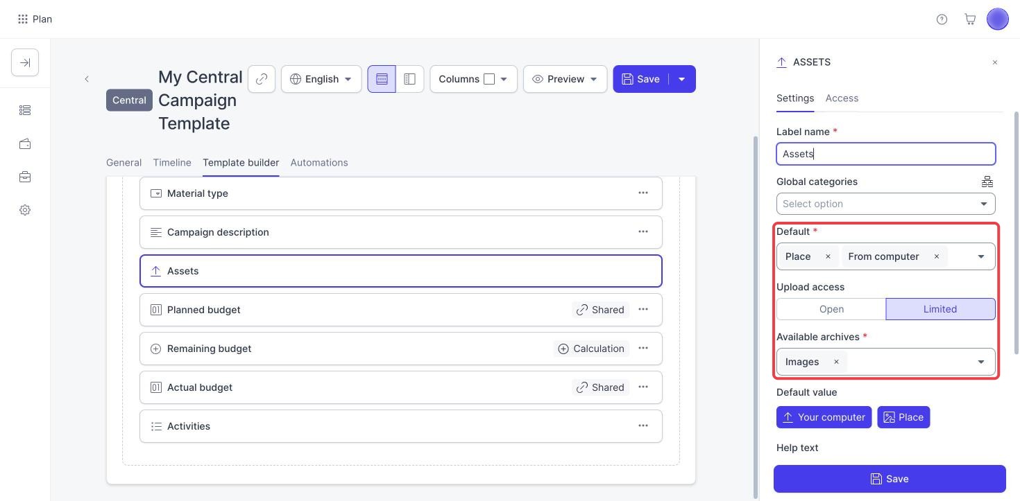 Campaign Planner template builder assets element with Default, Upload access and Available archives highlighted