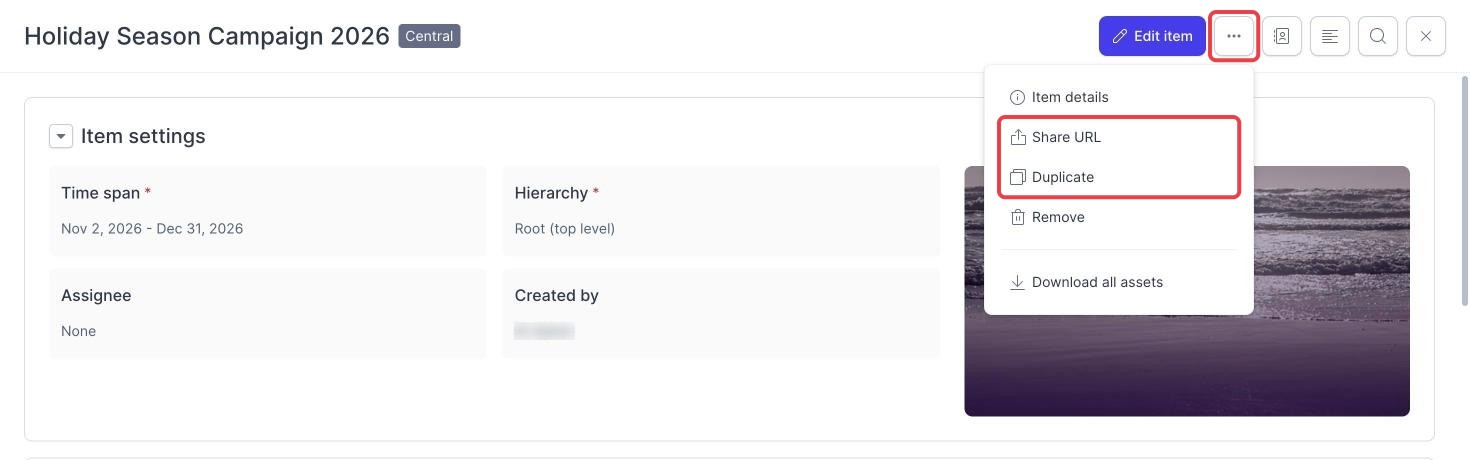 Campaign Planner campaign details with the More options menu open and Share URL and Duplicate highlighted