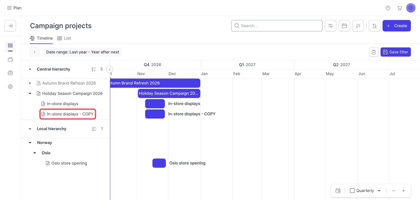 Campaign Planner timeline with the duplicated campaign ending in COPY highlighted