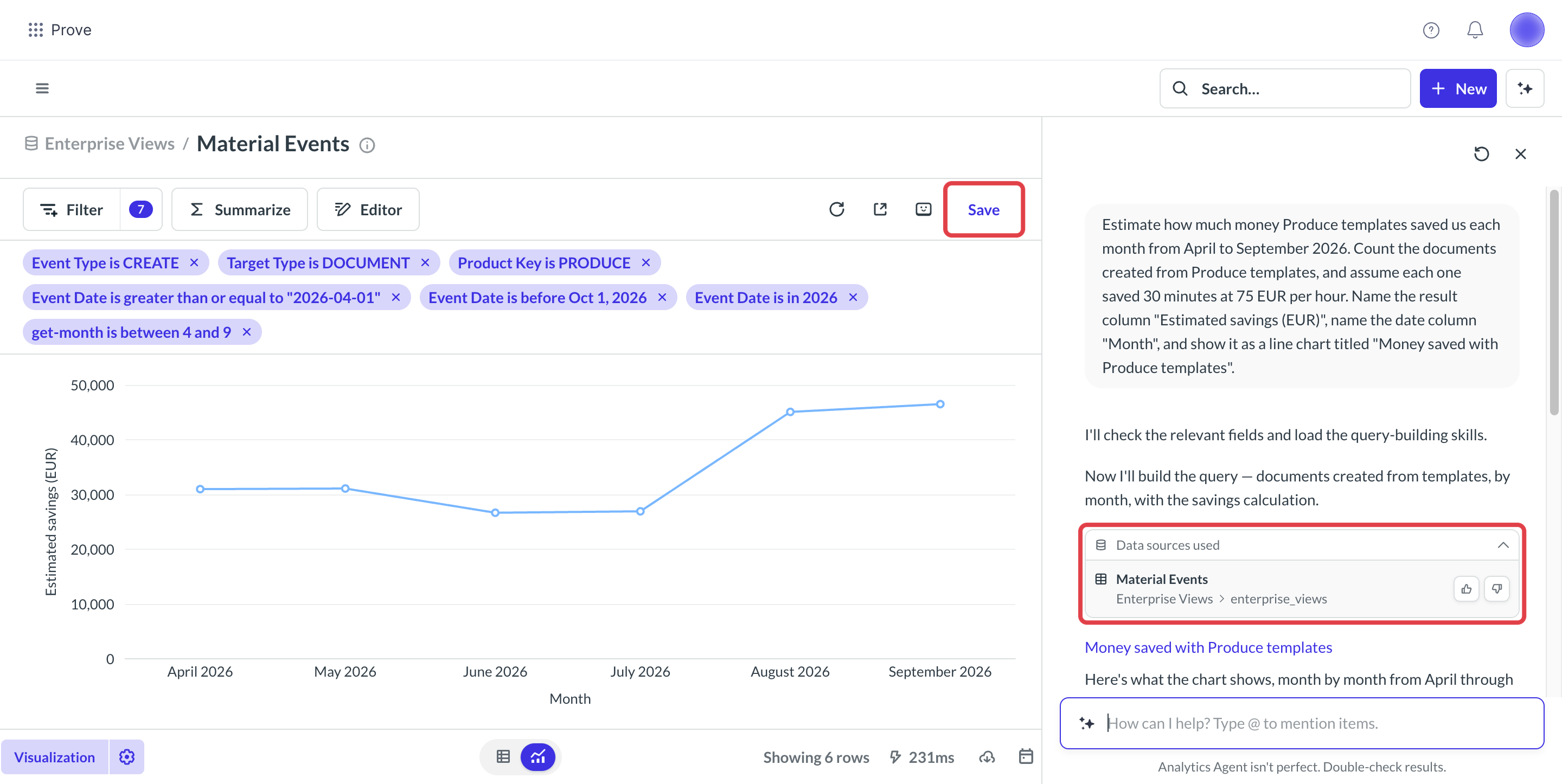 Analytics Agent AI assistant answer in Prove Enterprise with a savings chart, Data sources used and the Save button
