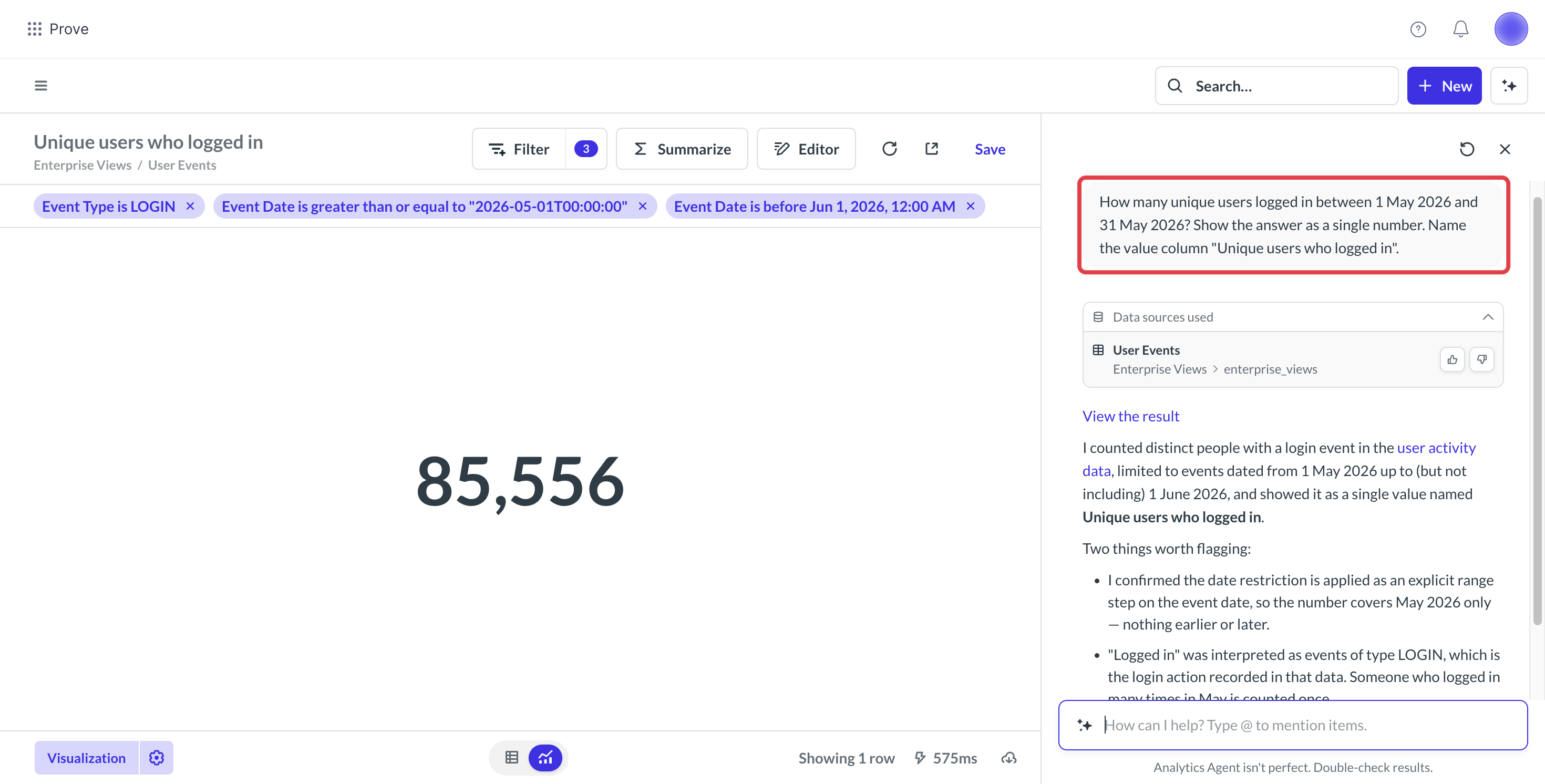 Analytics Agent in Prove Enterprise DAM Analytics answering a question about unique logins with a single figure